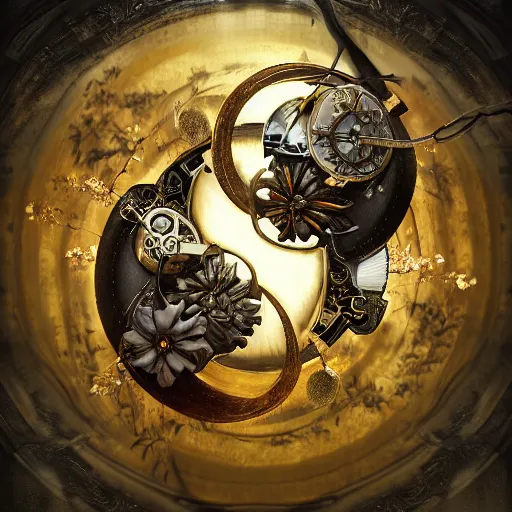 Prompt: a beautiful fine art RPG portrait photo of a mechanical industrial steampunk yin yang symbol, overgrown with morning glory flowers, montsera leaves by tom bagshaw and zach sutton, golden ratio composition, soft studio lighting, soft vignette, 50mm lens, very detailed, bionic, cybernetic scifi, deep depth of field, artstation, 8K