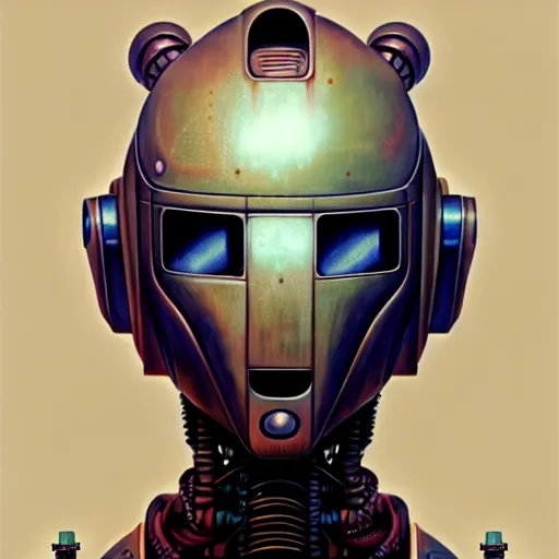 Image similar to detailed concept art of a diesel punk robot portrait, muted color palette, trending on artstation, award - winning video game concept art by jim burns and greg rutkowski, beksinski, a sci - fi concept art masterpiece, james gilleard, bruegel, alphonse mucha, and yoshitaka amano.