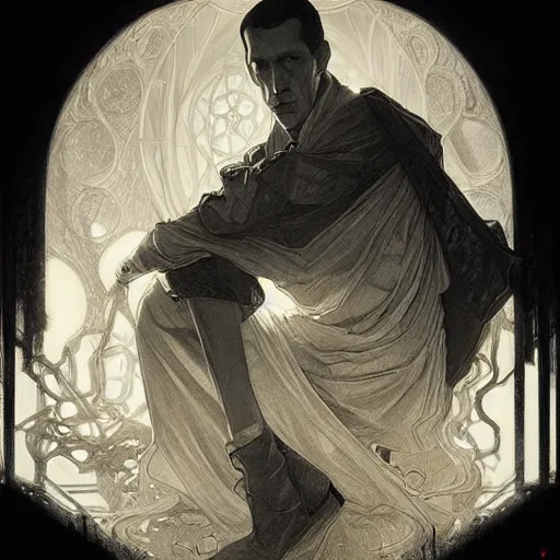 Image similar to amazing lifelike award winning pencil illustration of h.p. lovecraft trending on art station artgerm Greg rutkowski alphonse mucha cinematic