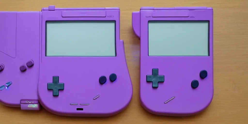 Prompt: purple gameboy handheld console, pixelart