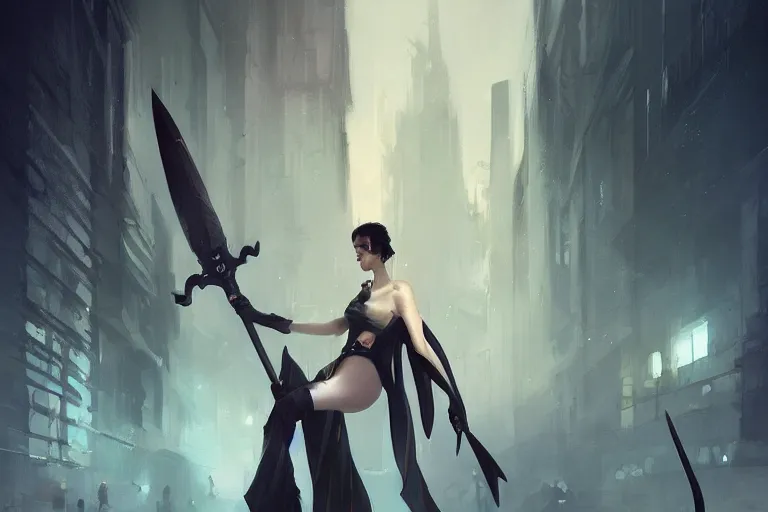 Image similar to seductive goddes holding a grim reapers tool in a modern city in the style of Durand and greg rutkowski, beautiful, geometric, trending on artstation, cinematic