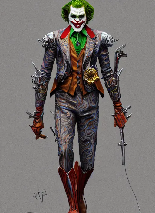 Prompt: powerful male clown, willem dafoe as the joker, full body character concept, covered in full metal armor, art nouveau, super powers, fantasy, intricate, elegant, highly detailed, digital painting, artstation, concept art, shining, sharp focus, illustration, art oleg bulakh