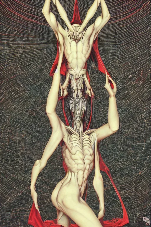 Prompt: an extraterrestrial standing on its hind legs, arms extended, head raised, eyes looking upward. Its eyes were the only part of its body not covered in white. by Greg Hildebrandt, and Mark Brooks, Neo-Gothic, part by Adrian Ghenie and Gerhard Richter. art by Takato Yamamoto. masterpiece