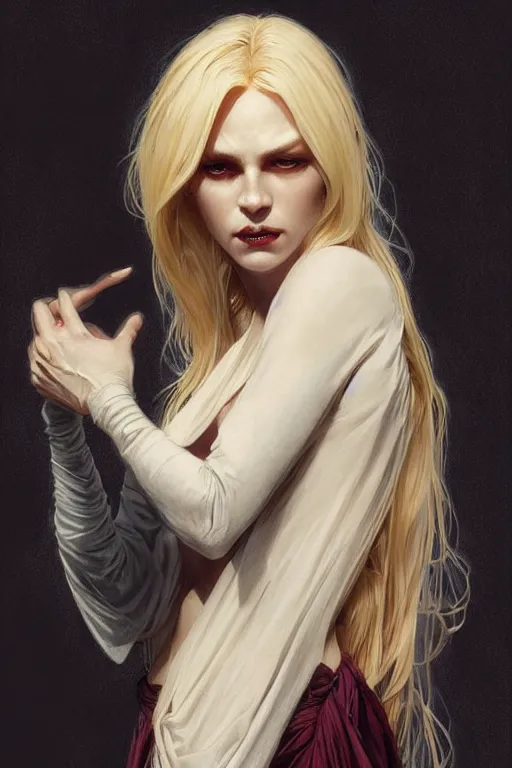 Image similar to portrait of an old blonde vampire mage, dark, piercing eyes, gentle expression, elegant clothing, photorealistic, highly detailed, artstation, smooth, sharp focus, art by michael whelan, artgerm, greg rutkowski and alphonse mucha