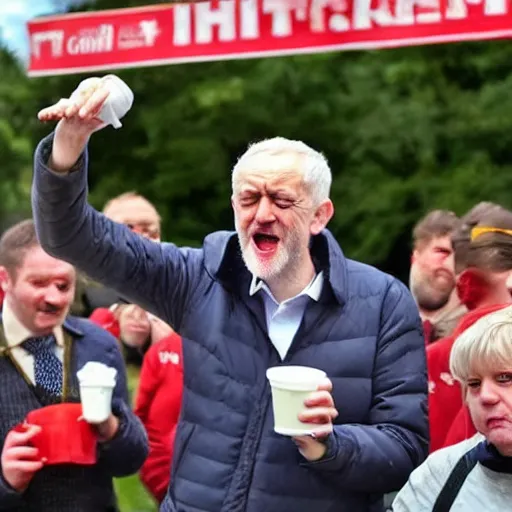 Image similar to jeremy corbyn with a crazed look on his face with one hand filled with ketchup and one hand filled with cheese