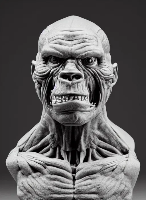 Image similar to a bust sculpture of anatomical detailed gray orc, alberto fujimori, green blood, become human, ceramic base, orthographic, studio lighting