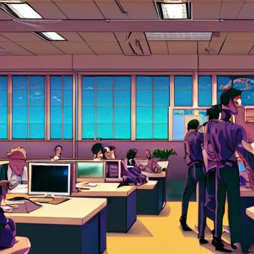 Image similar to wallstreet office with brokers running between the bloomberg terminals, visual novel cg, commodore 6 4, 8 0 s anime vibe, vaporwave nostalgia, tsukihime, muv - luv, baldr sky, kimagure orange road, maison ikkoku, city hunter, great teacher onizuka