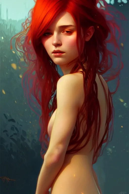 Image similar to a beautiful girl with fire hair, fantasy, portrait, sharp focus, intricate, elegant, digital painting, artstation, matte, highly detailed, concept art, illustration, ambient lighting, art by ilya kuvshinov, artgerm, Alphonse mucha, and Greg Rutkowski