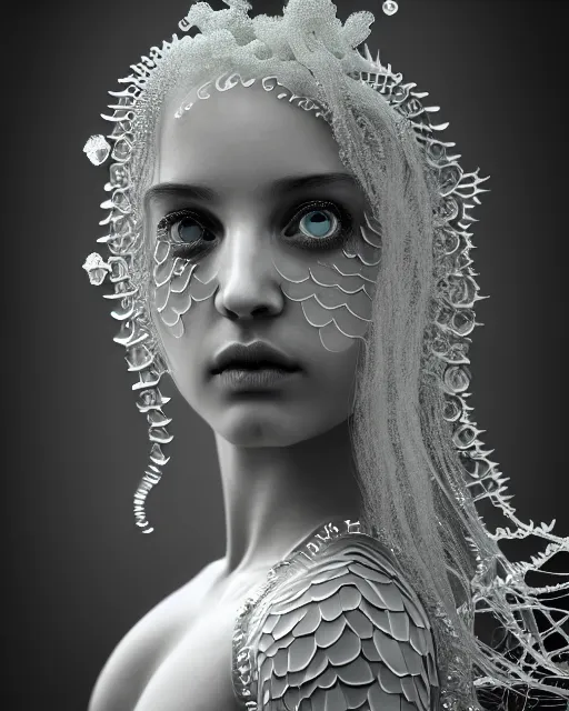 Prompt: surreal mythical dreamy underwater artistic black and white 3 d render of a translucent beautiful young female angelic - medusa - vegetal - doll with fish scales all over her face, highly detailed, intricate crystal ivy jelly ornate, poetic, translucent algae ornate, digital art, octane render, 8 k artistic photography, photo - realistic, hg giger flora borsi