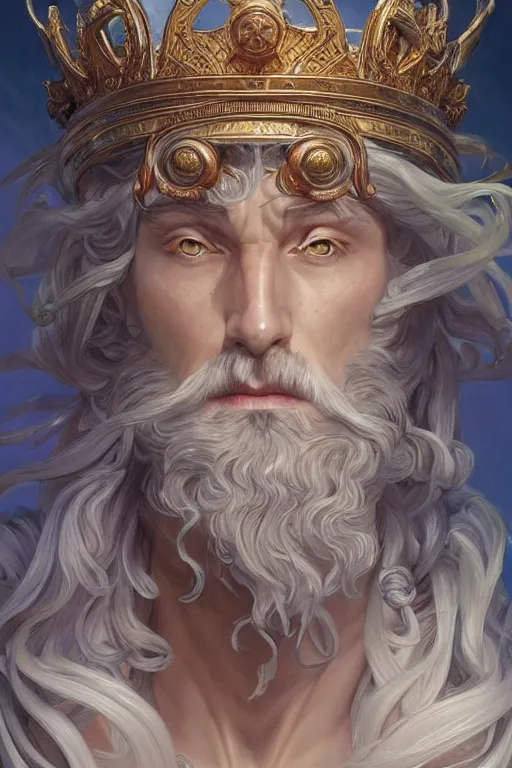 Image similar to portrait Poseidon god of sea with crown, sci-fi, fantasy, intricate, very very beautiful, elegant, highly detailed, digital painting, artstation, concept art, smooth, sharp focus, illustration, art by artgerm and greg rutkowski and alphonse mucha