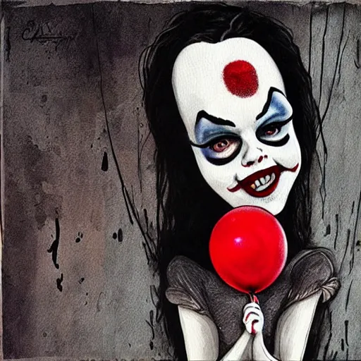 Image similar to grunge cartoon painting of margot robbie with a wide smile and a red balloon by chris leib, loony toons style, pennywise style, corpse bride style, horror theme, detailed, elegant, intricate