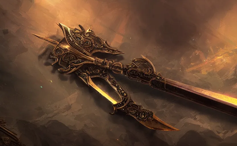 Prompt: legendary sword of cybernetic technology lying flat on a glowing table, digital award winning hd matte painting, intimate dark moody, intricate, long sharp black and iridescent blade, ornate spikes, colorful hilt, detailed realistic, raytraced blade, colored gems, golden pommel, in the style of greg rutkowski and krenz cushart, deviantart