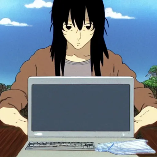 Prompt: guy with long black hair using a laptop, tan skin, looking down, art by hayao miyazaki, studio ghibli film, twitter pfp