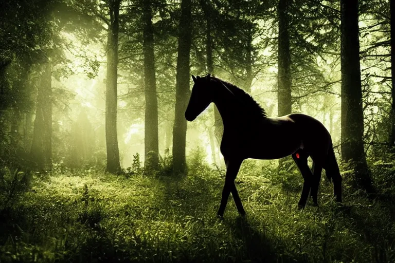 Prompt: beautiful horse in the forest evening natural light, fireflies, 200mm by Emmanuel Lubezki