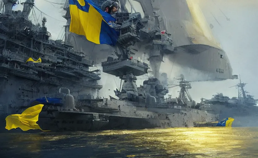 Prompt: front view of a Ukrainian girl in national clothes with blue and yellow stripes in her hair standing against a huge warship ready to fight, concept art, highly detailed, smooth, sharp focus, illustration, art by Greg Rutkowski, trending on Artstation