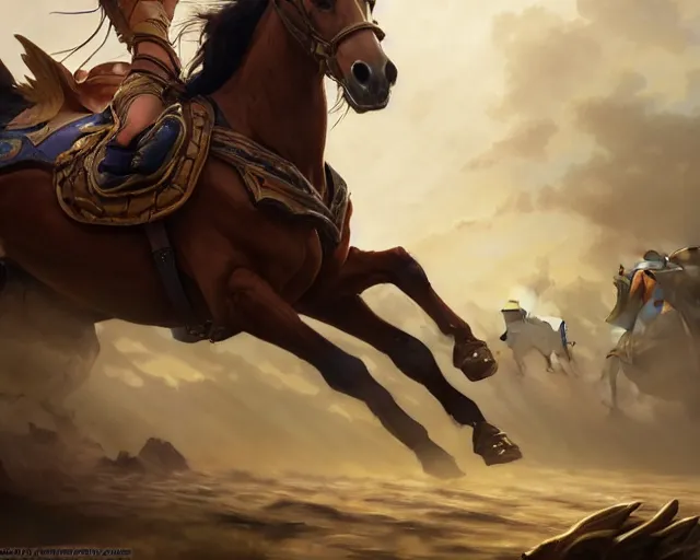 Image similar to horse race with customized horses, deep focus, d & d, fantasy, intricate, elegant, highly detailed, digital painting, artstation, concept art, matte, sharp focus, illustration, hearthstone, art by artgerm and greg rutkowski and alphonse mucha