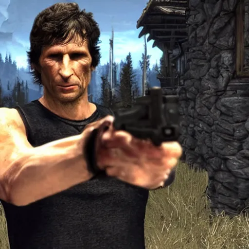 Image similar to todd howard pointing a gun towards the camera and forcing you to buy skyrim, threatening, sharp, cinematic, colorful, digital, neon, bright, cyberpunk