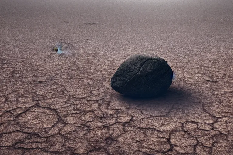 Prompt: a single massive dark rock levitating in desert, floating, octane render, cinematic, blade runner, Imax, dramatic composition and lighting, strange, weird, award winning photography, dreamlike, 8k,