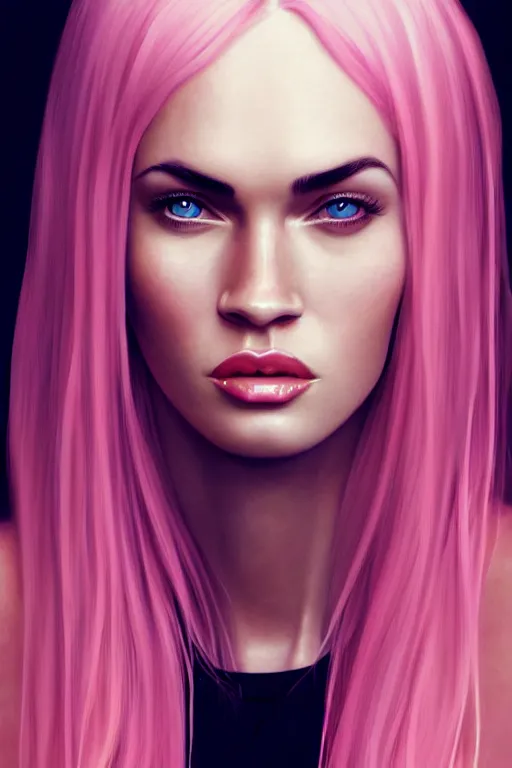 Image similar to Portrait of a beautiful pale skin Nordic female megan fox with long pink hair, elegant, photorealistic, highly detailed, artstation, smooth, sharp focus, gold ornaments, neon lighting, sci-fi, art by Klimt