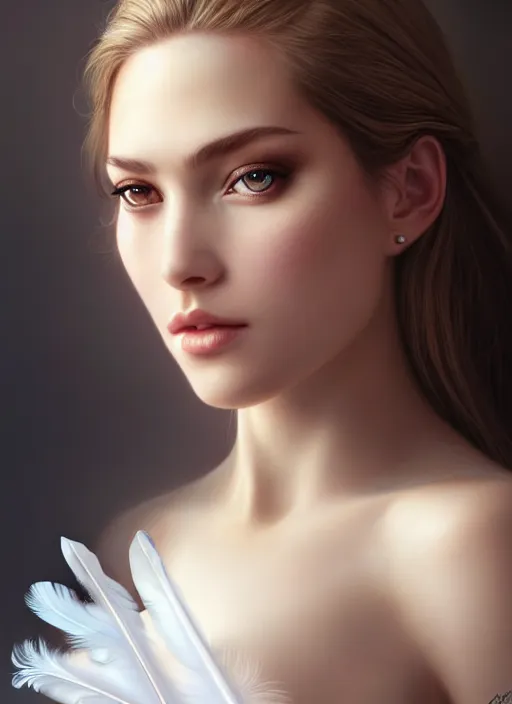 Image similar to a gorgeous female photo, professionally retouched, soft lighting, wearing a feather dress, realistic, smooth face, perfect eyes, wide angle, sharp focus on eyes, 8 k high definition, insanely detailed, intricate, elegant, art by artgerm and greg rutkowski