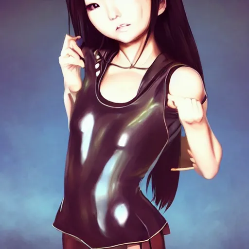 Image similar to a beautiful young japanese hitomi tanaka alluring instagram model in elaborate latex tank top, jrpg tank top made from latex demon faces, concept art by akira toriyama and wlop and ilya kuvshinov and artgerm and studio ghibli, aesthetic, gorgeous, stunning, alluring, attractive, artstation, deviantart, pinterest, digital art