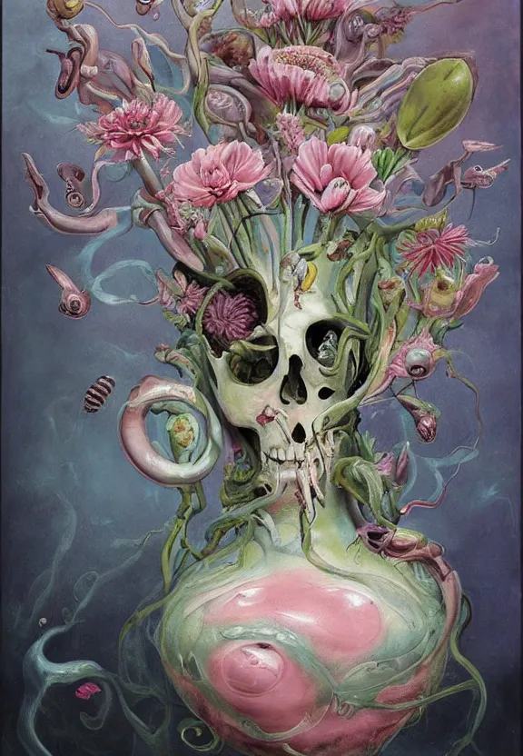 Image similar to a biomorphic painting of a vase with flowers and eyeballs, a surrealist painting by marco mazzoni, by dorothea tanning, pastel blues and pinks, lips, melting, plastic, skull, bees, trending on artstation, metaphysical painting, oil on canvas, fluid acrylic pour art, airbrush art, seapunk, rococo, lovecraftian