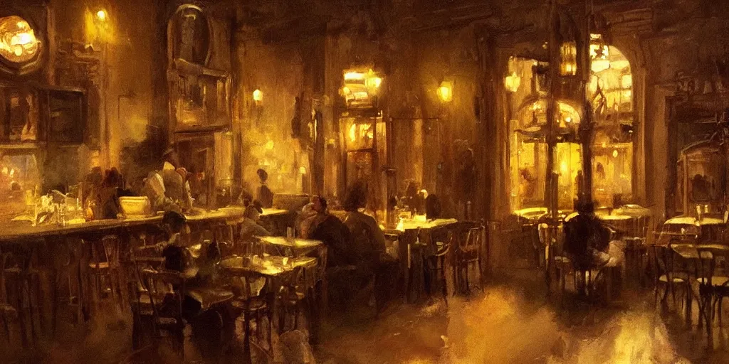 Image similar to brown cat with yellow eyes is sitting at table in a cafe at paris in early 2 0 th century. atmospheric feeling, warm colours, brown colours, yellow colours, epic scene, cinematic, very detailed, concept art, trending on artstation