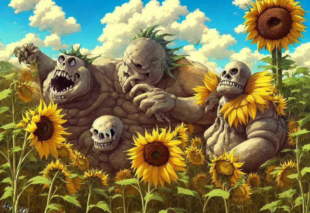 Prompt: chubby giant monster bones in the countryside with sunflower in the foreground, intricate oil painting, high detail illustration, sharp high detail, manga and anime 1 9 9 9, official fanart behance hd artstation by jesper ejsing and makoto shinkai, 4 k,