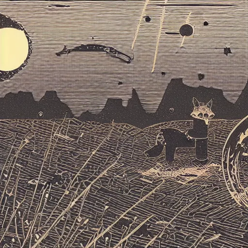 Prompt: a lone fox and a robot rover on the desert looking at the night sky by woodblock print, nicolas delort, moebius, victo ngai, josan gonzalez, kilian eng