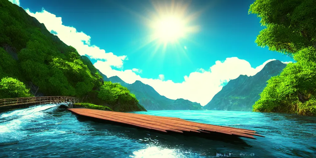 Prompt: dream, photo realism, beautiful nature, sunny day, sunshine lighting high mountains, which are higher than white fluffy clouds with green trees on top, a small wooden bridge connecting two mountains, ocean beneath the mountains with clear blue water, whales jumping and showing from the waves, cinematic, 8k, highly detailed