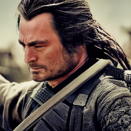 Image similar to handsome and strong kurdish samurai wielding a katana in a movie directed by christopher nolan, movie still frame, promotional image, imax 7 0 mm footage, perfect symmetrical facial features