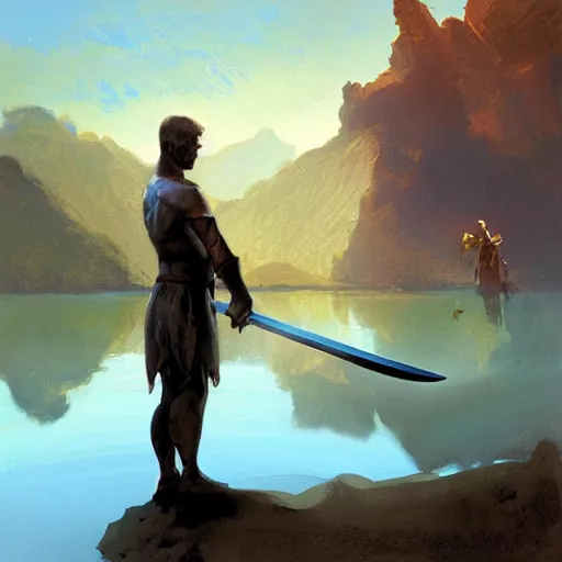 Prompt: a digital painting of a hand holding a sword emerging from a lake by james gurney, craig mullins and frank frazetta