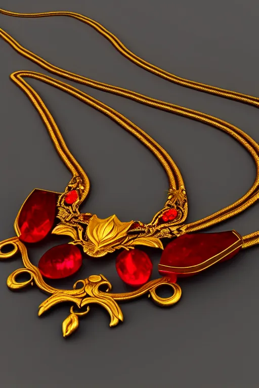 Image similar to historical, art nouveau, red gemstone necklace, gold metal, glowing inside, octane render, realistic, dramatic light, 3 d, photograph 4 k,