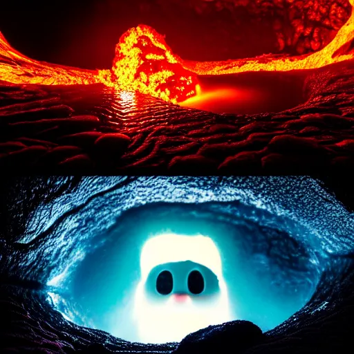 Image similar to head of kirby emerges from a lava lake, cave background, high detail, lava reflections, cave reflecting in lava lake, dramatic shot