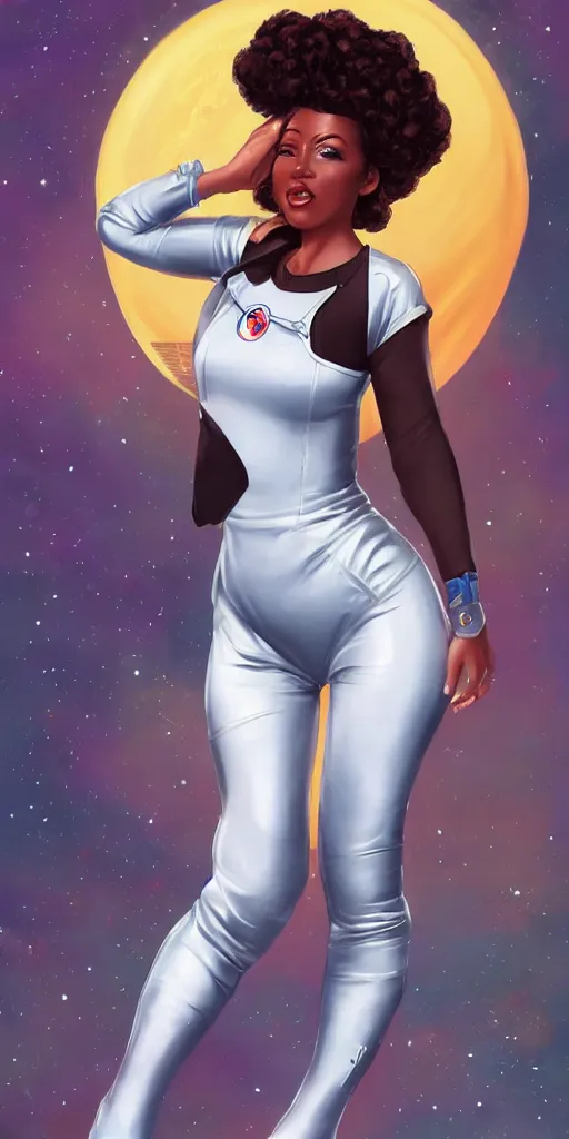 Image similar to full body shot of black woman in an astronaut suit with a celestial afro, pin-up style by Artgerm, realist, trending on artstation