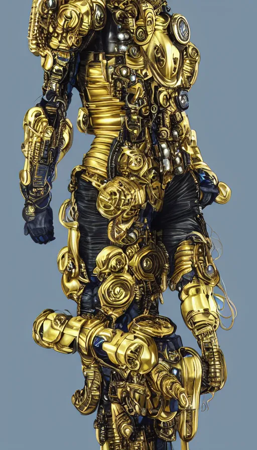 Prompt: full body head to toe portrait of a afropunk sci-fi cyborg ninja, third person, D&D, sci-fi fantasy, intricate, blue and gold, afrofuturism, afro hair style, black skin male, highly detailed, art by Range Murata, highly detailed, 3d, octane render, bright colors, digital painting, trending on artstation, sharp focus, illustration style of Stanley Artgerm, dramatic background