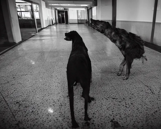 Prompt: camera footage of a 3 Aggressive Feral Black Dogs with severe rabies Chasing a young woman in an abandoned shopping mall, high exposure, dark, monochrome, camera, grainy, CCTV, security camera footage, timestamp, zoomed in, Creepy, Feral, fish-eye lens, Nightmare Fuel, Zombie Dog, Evil, Bite, Motion Blur, horrifying, lunging at camera :4