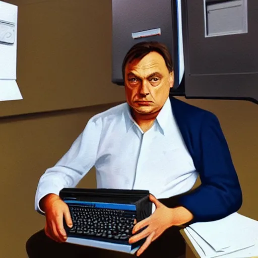 Image similar to viktor orban programming a commodore 6 4 in a cubicle, oil painting