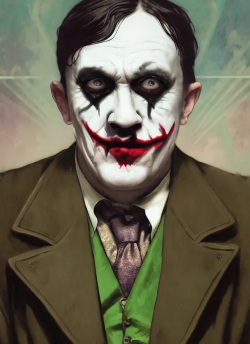 Prompt: a still of Hitler as the Joker in Joker 2020, hitler mustache, Gotham city, sigma male, accurately portrayed, portrait art by alphonse mucha and greg rutkowski, highly detailed, digital painting, concept art, illustration, dim lighting with twilight rays of sunlight, trending on artstation, very detailed, smooth, sharp focus, octane render, close up