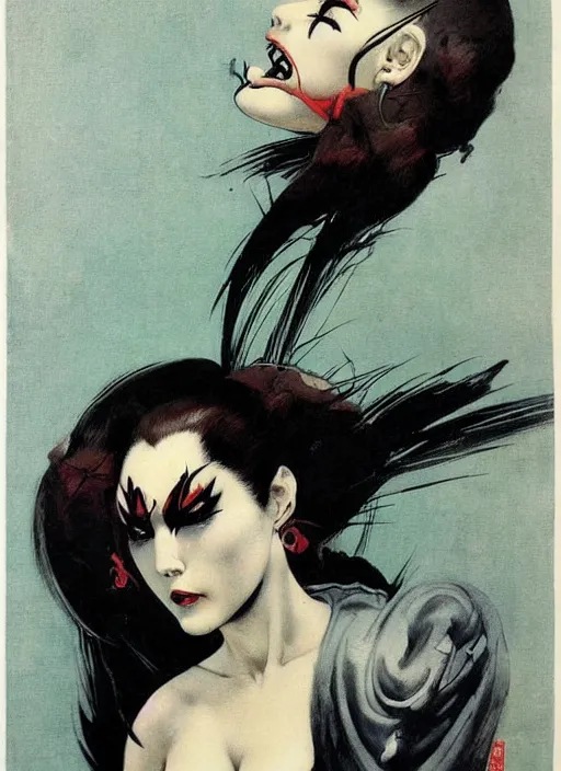 Image similar to portrait of bald korean vampiress, strong line, saturated color, beautiful! coherent! by frank frazetta, high contrast