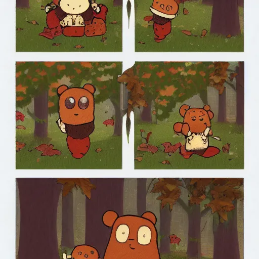 Image similar to autumnal woods with teddy bears, in the style of over the garden wall