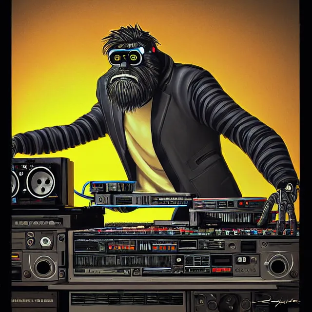 Image similar to a photograph portrait of an anthropomorphic cyberpunk bigfoot dj at the turntables spinning records, detailed render, tape deck, boombox, headphones, epic composition, cybernetics, 4 k realistic, cryengine, realistic shaded lighting, sharp focus, masterpiece, by matteo scalera, gary montalbano, peter elson in the style of the tokyo ghost comic