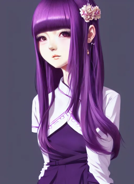 Image similar to full body illustration of an ulzzang korean girl purple hair with hime cut bangs, head slightly tilted, wearing an ornate cheongsam, ilya kuvshinov, anime, pixiv top monthly, trending on artstation, cinematic, danbooru, zerochan art, kyoto animation