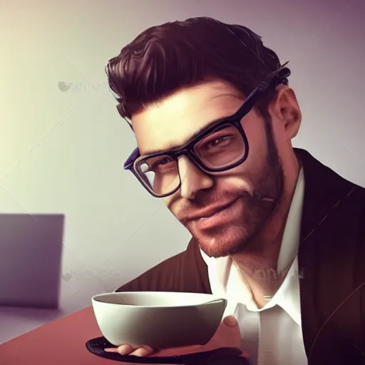 Prompt: startup CEO having a cup of coffee. Handsome!!!!!!! sci-fi concept art photorealistic!!!!!