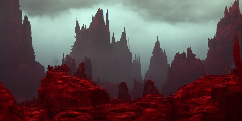 Image similar to dramatic render of a cathedral, gothic architecture, carved of red rock, tall spires, top of a canyon, vultures, concept art by studio ghibli and eddie mendoza, atmospheric, moody, dark, cinematic, volumetric lighting, 8K