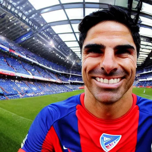 Prompt: a promo portrait of mikel arteta drooling to the camera, happy, hyper detailed, wide angle lense, fisheye, reuters