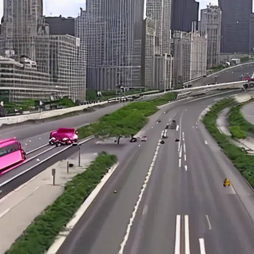 Prompt: live cnn footage of a katamari rolling down chicago's lake shore drive, 4 k screen capture