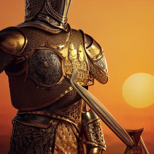 Prompt: a highly detailed full-length knight in a T golden helmet and crown with a diamond in the center, golden armor, leather clothes under the armor, leather gloves, holds a black sword, artstation, DeviantArt, professional, octane render, sunset lighting