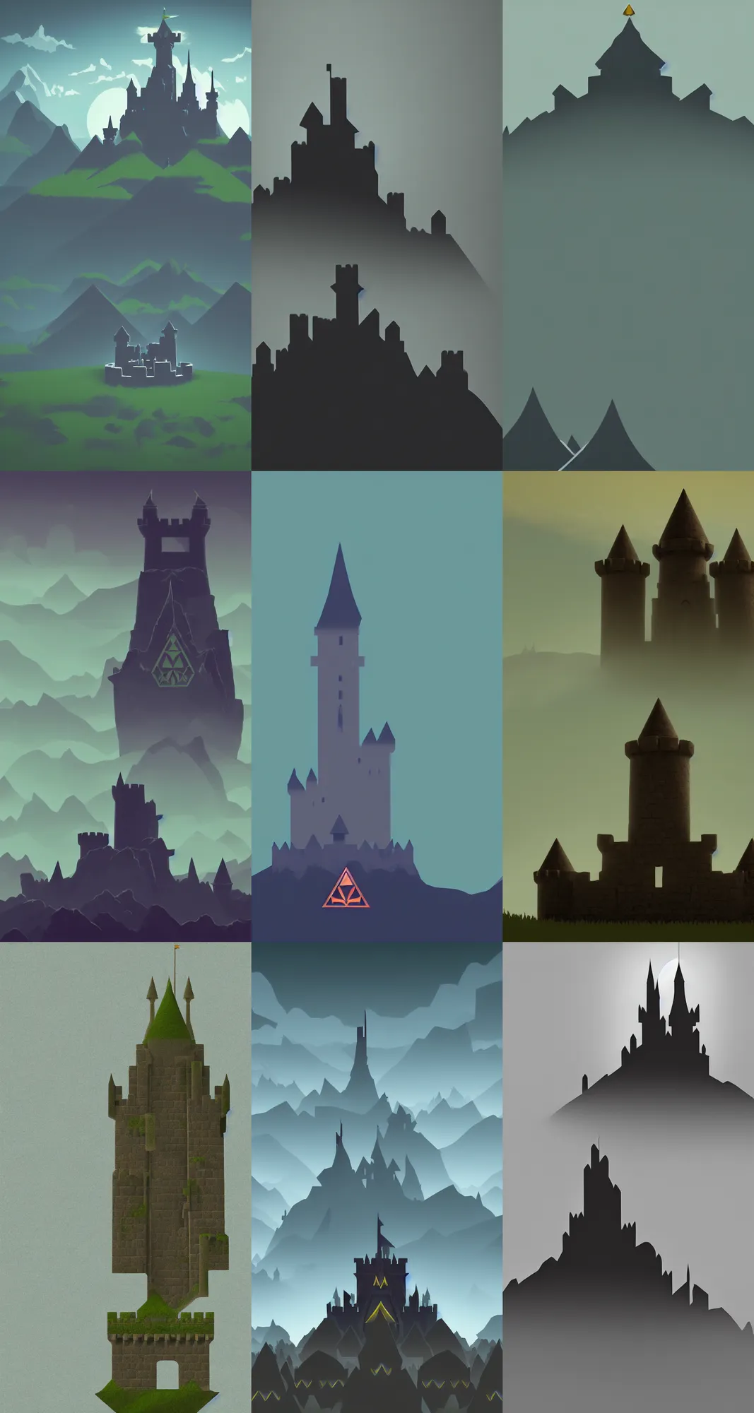 Prompt: hyrule castle, horizon, minimalist wallpaper, dark background, desktop background, behance, artstation, deviantart