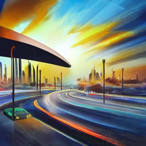 Image similar to most advanced Dubai city dramatic lighting detailed straight lines and elegant curves beautiful sunset road network vegetation water lights birds clouds proportional symmetrical minimalism photorealistic sky render octane architecture design planning oil painting Edward hooper